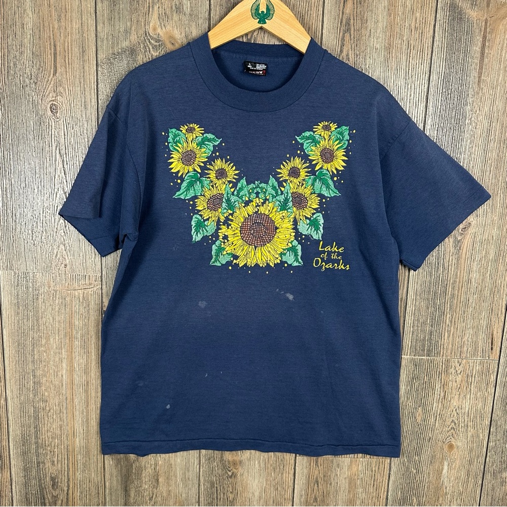 Lake of the Ozarks Vintage 90s Sunflowers Tourism T-Shirt Blue Size Large